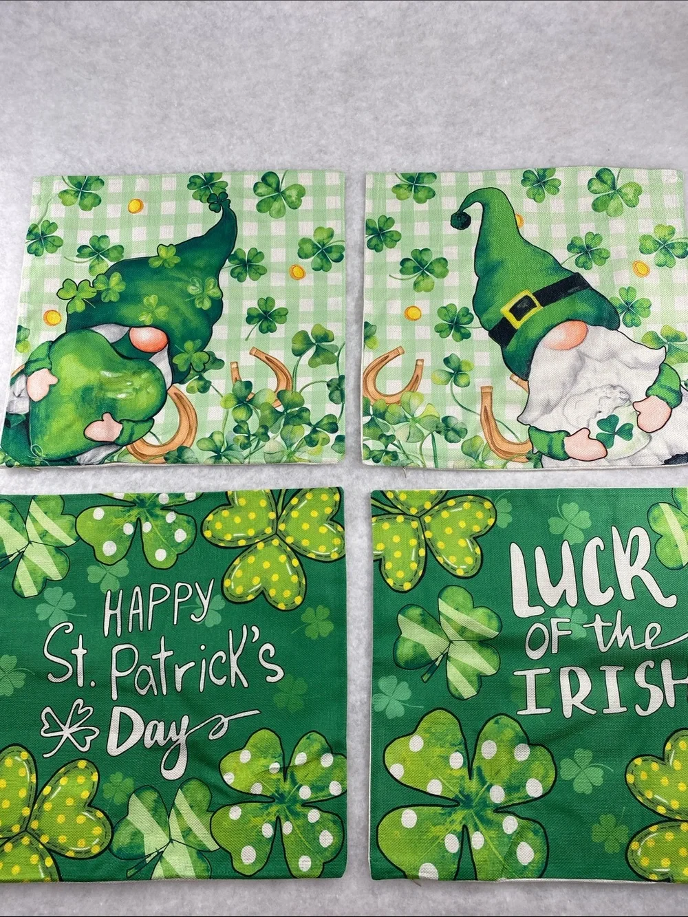 4 green Happy St. Patrick’s day themed pillow covers. Gnomes, clovers and gold